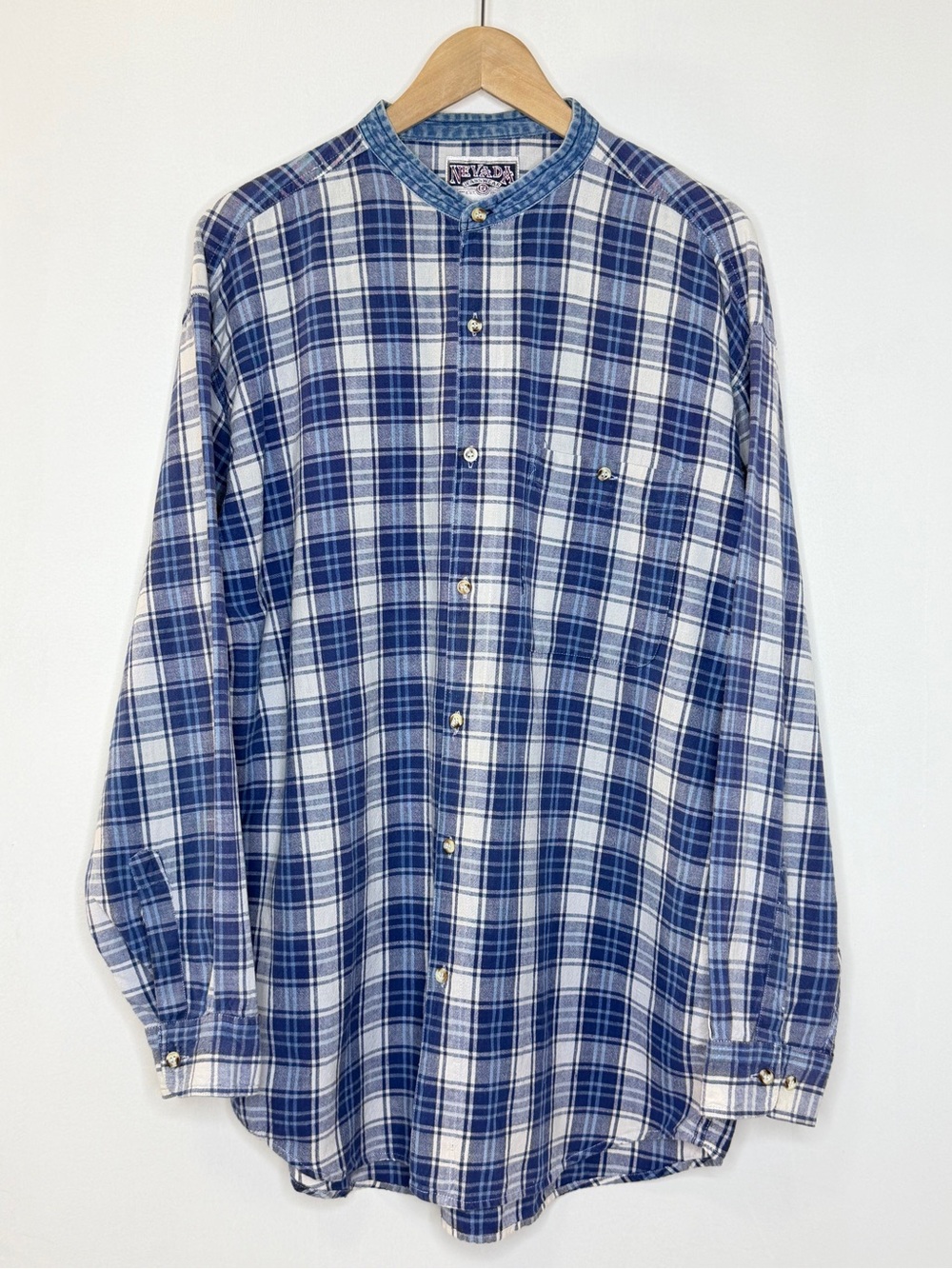 Vintage Nevada Denim Band Collar Plaid Long Sleeve Buttonup Shirt Mens Large